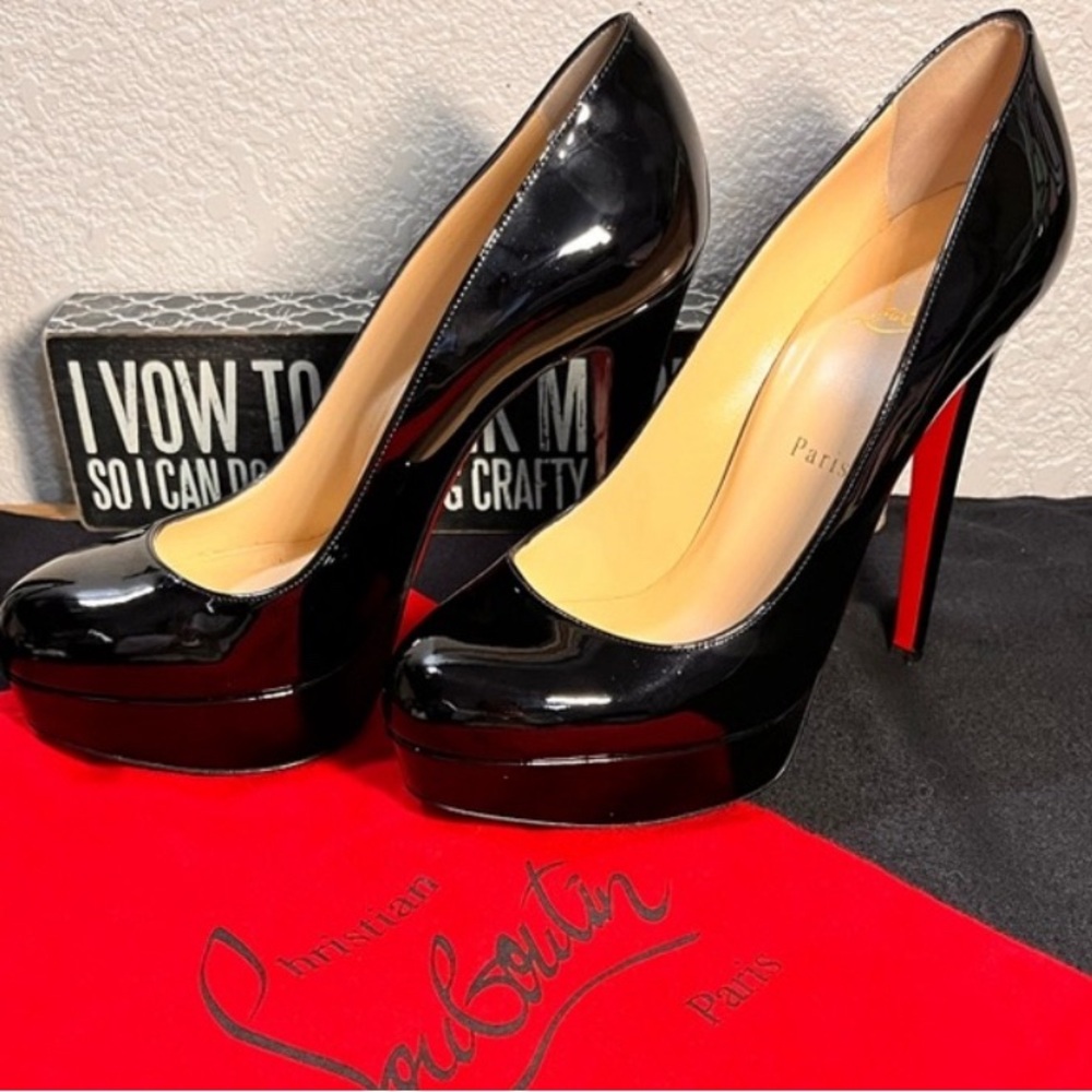 ✨Christian Louboutin✨ EUC Bianca 140 Black Patent Calf Leather Pumps Red…